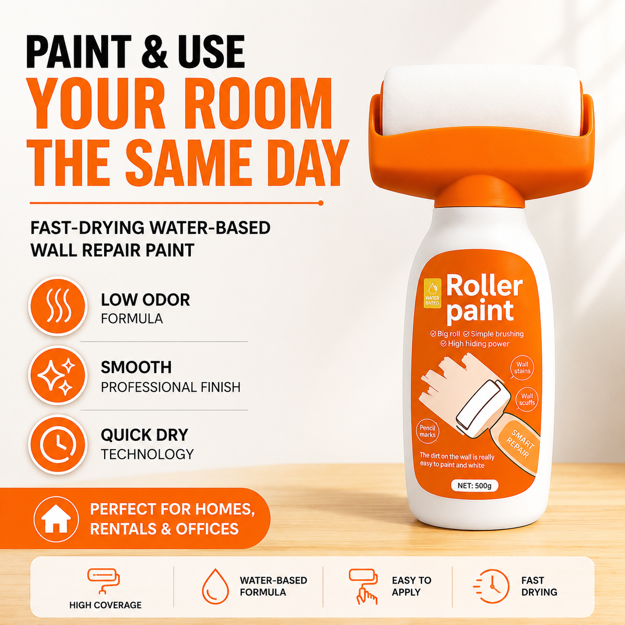 Wall Repair Roller Paint | Covers Stains, Wall Marks in Minutes My Store