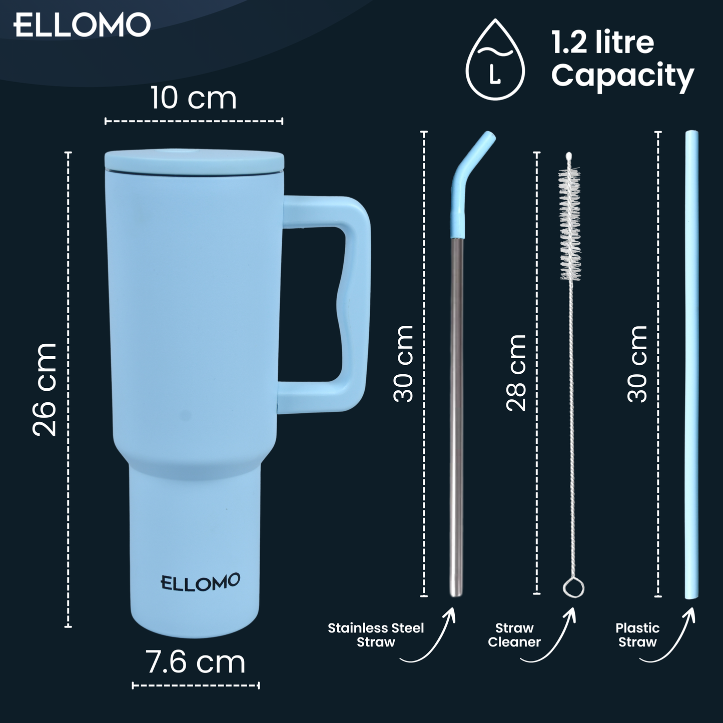 Ellomo 1.2 Litre Stainless Steel Tumbler Dimensions with Straw and Handle