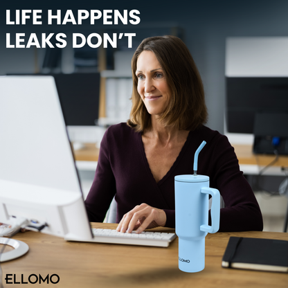 Ellomo 1200ml Stainless Steel Tumbler with Handle, Straw, Leakproof Lid and Double Wall Insulation